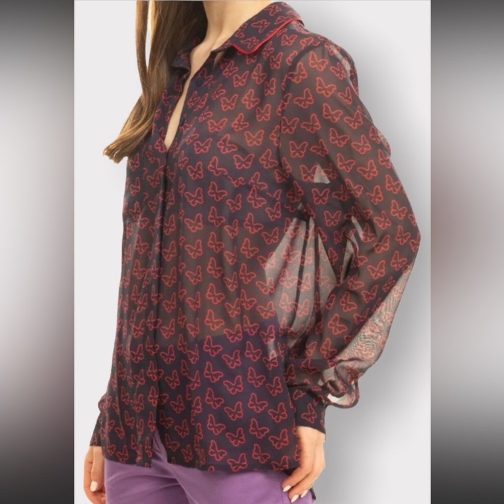 BLUGIRL FOLIES, Sheer Button Down Blouse with Butterfly Pattern, Size 10